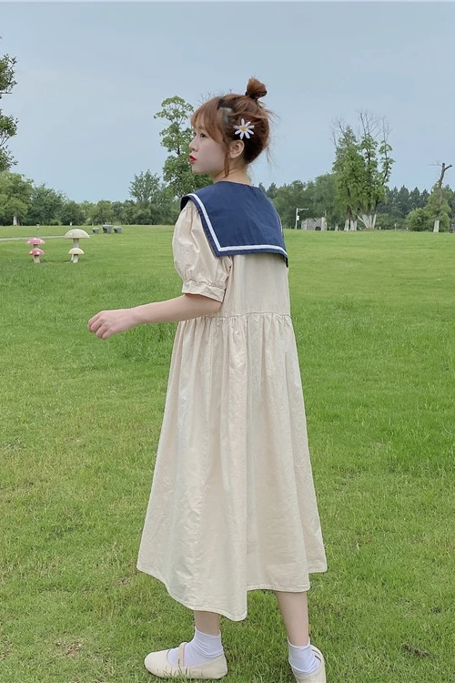 

COIGARSAM Women dress Sailor Collar Panelled Dresses Navy Apricot 8509