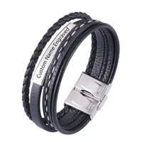 black multi layer leather wristband braided bracelets for men custom name engraved fashion bangle for dad husband gift kz1176