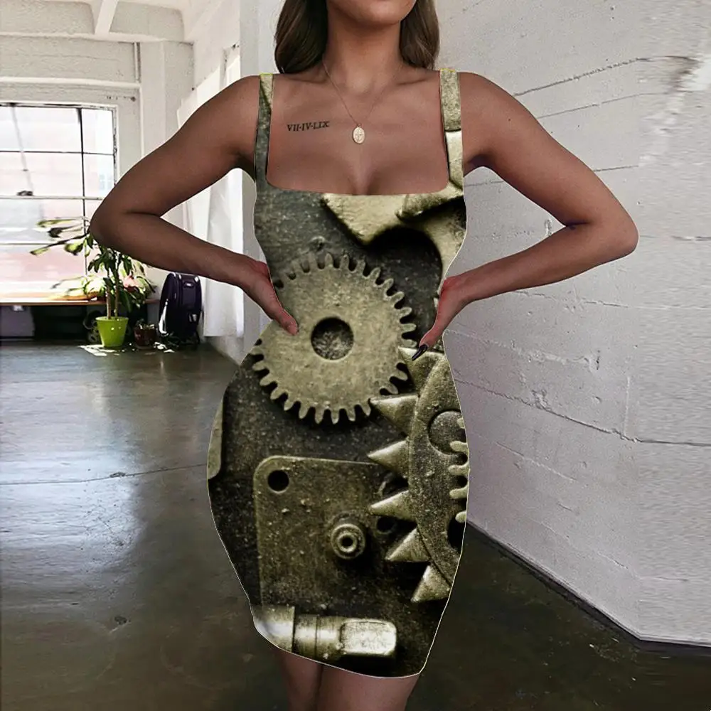 

Giyu Metal Dresses Women Engine Halter Sleeveless Gear Vestido Sexy Hip Hop 3d Print Womens Clothing Summer Short Korean Style