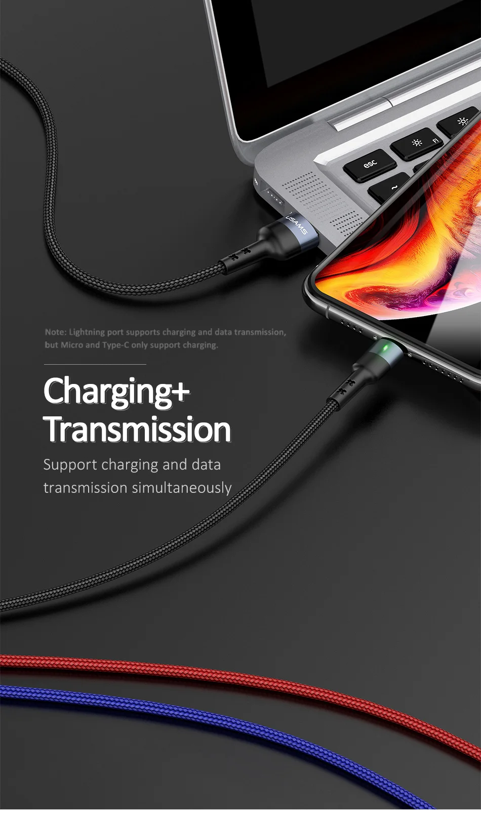 USAMS 1,2 м 3 в 1 телефон USB кабель type C Micro USB для iPhone X 8 7 6 iPad 3A Зарядка samsung Micro usb C для iPhone кабель