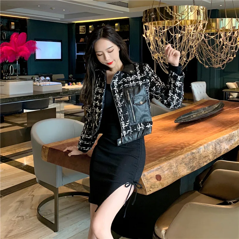 Женское черное клетчатое пальто куртка из искусственной кожи на молнии с большим