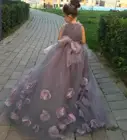 Красивые платья для девочек с розовыми цветами на свадьбу с оборками из тюля с 3D цветами для принцессы Детская Свадебная вечеринка на день рождения со съемным шлейфом