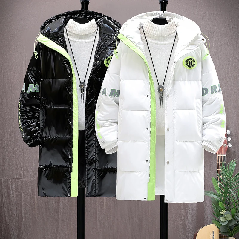 Casual Mid-Length Winter Thick Warm Cotton-Padded Jackets Solid Outwear Parkas Youth Tops Long Hooded Bright Coats New Clothing