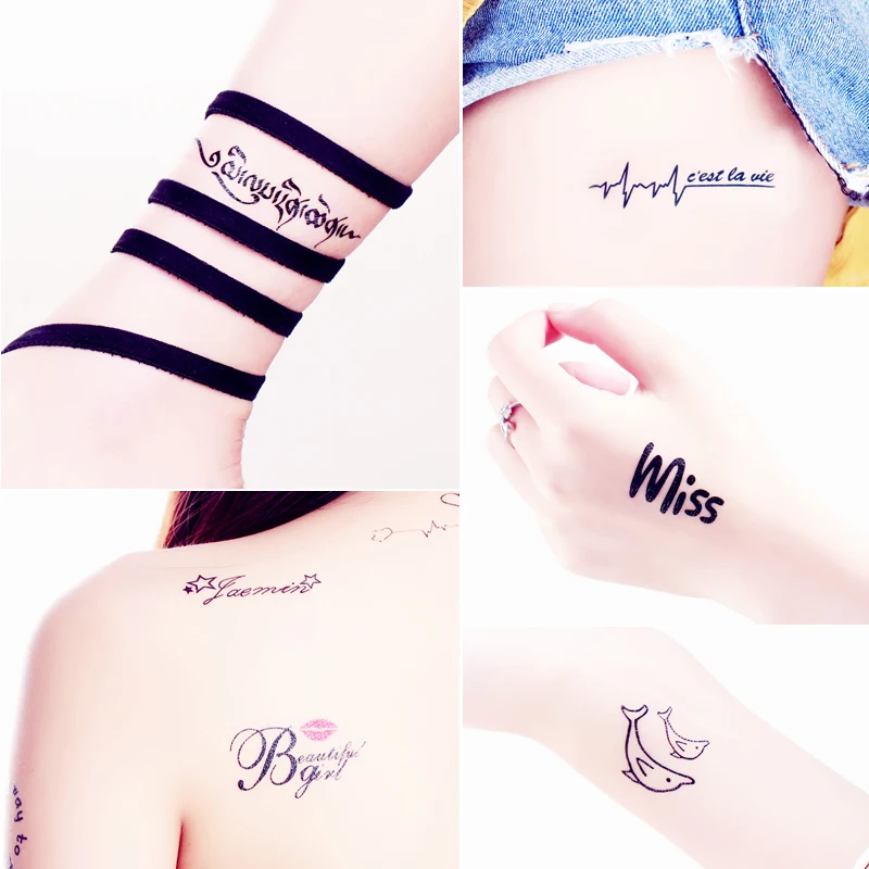 

60pcs/set Waterproof Temporary Tattoos Body Arm Arabic Black Words Heart Beat Line Letter Fake Tattoo Tatouage Temporaire