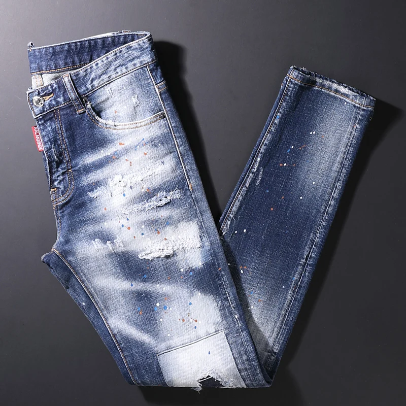 Street Style Fashion Men Jeans Retro Blue Elastic Slim Fit Destroyed Ripped Jeans Men Patchwork Designer Hip Hop Denim Pants
