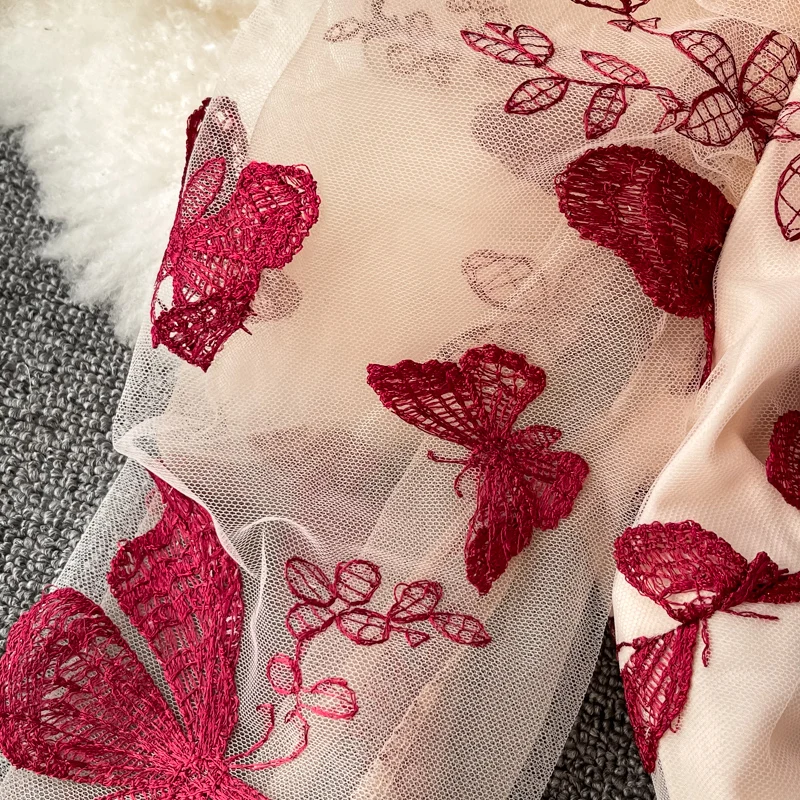 

Summer new butterfly net yarn Dress Square collar temperament retro waist waist woman dress Long sleeve dresses for women 2021