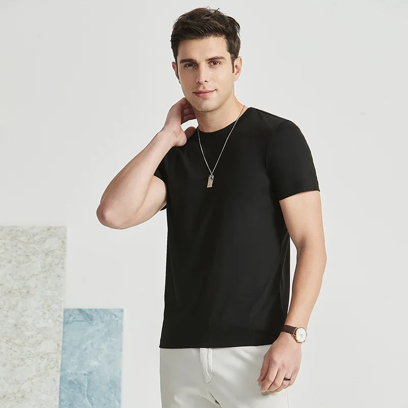 

2021 new mulberry silk short-sleeved t-shirt men's round neck shirt flat business casual ice silk t-shirt summer