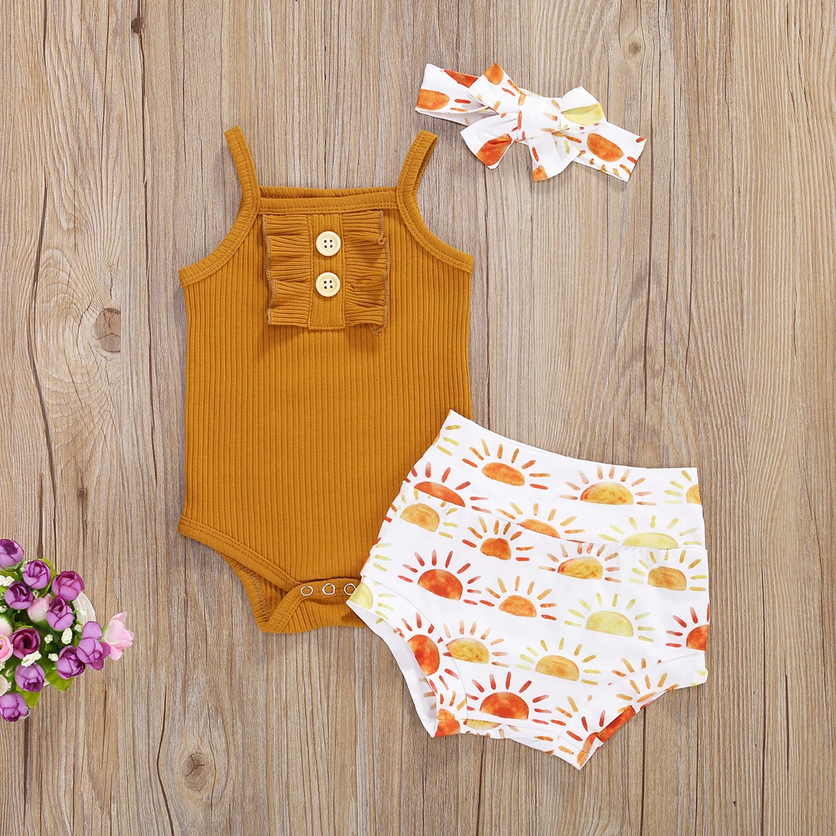 

0-24M Newborn Baby Girls Outfit Summer Sleeveless Button Romper + Sun Printing Shorts + Bow Headwear Set