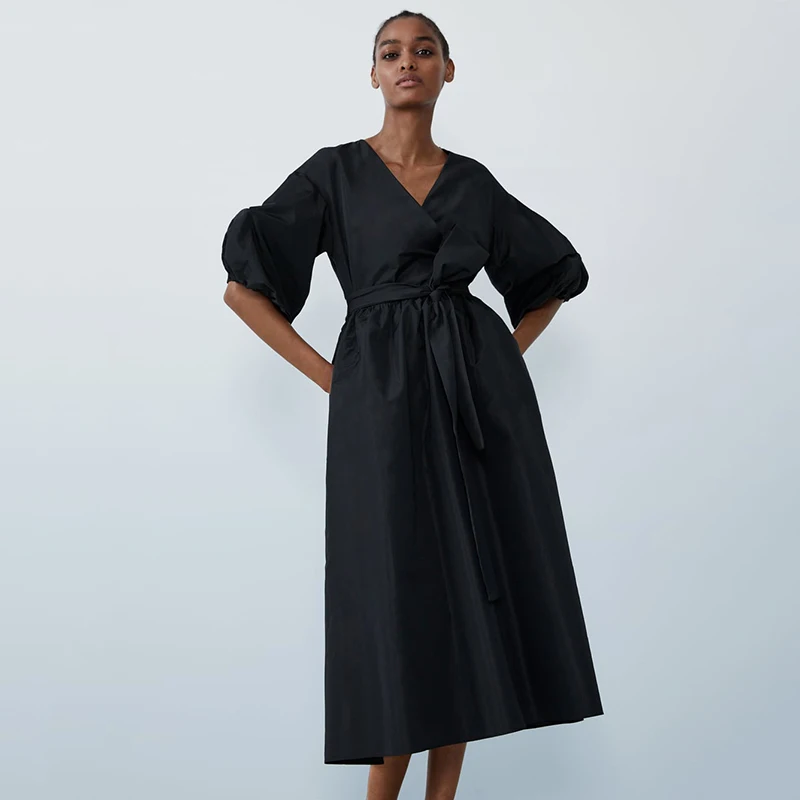 Женское платье с коротким рукавом ZA свободное V образным вырезом и буффами на