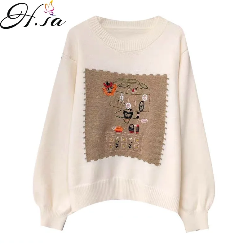 

Hsa Cartoon Embroidered Sweater Women's Autumn And Winter 2021 New Loose Soft Round Neck Pullover Sweater Basic Sweater