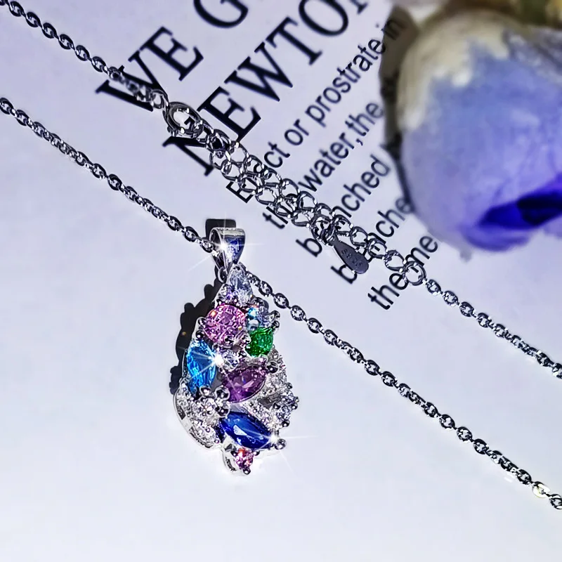 

Luxury Female Rainbow Zircon Chain Necklace Classic Silver Color Wedding Necklace Dainty Water Drop Pendant Necklaces For Women