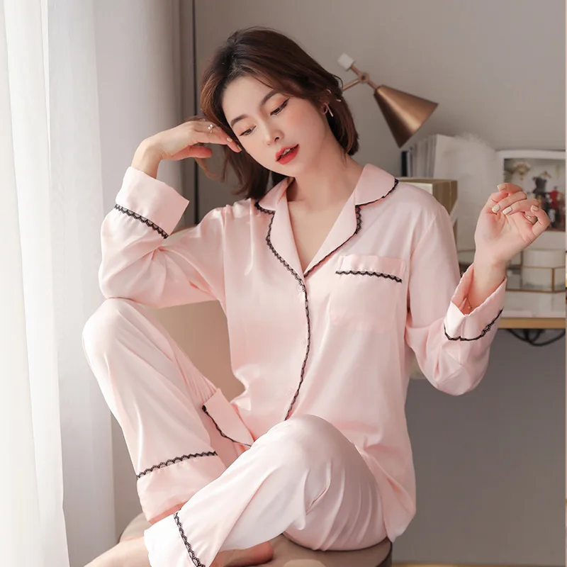 

2021 Spring and Summer New Lace Edge Cardigan Long Sleeve Silk Women's Pajamas Solid Color Two Piece Suit Household Women's Wear