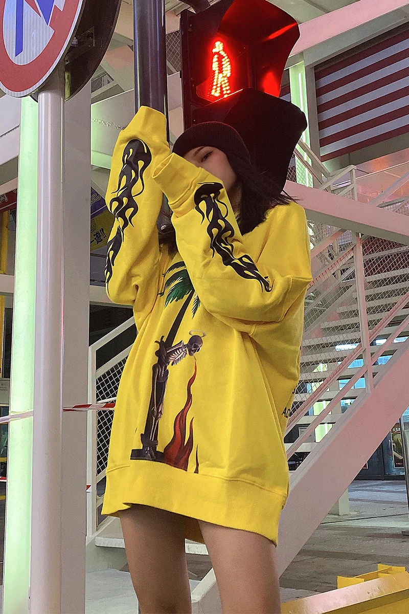 

Palm Angels Skull Flame Coconut Tree Print Men's Trend High Street Loose Hoodies Sweatshirts Long Sleeve