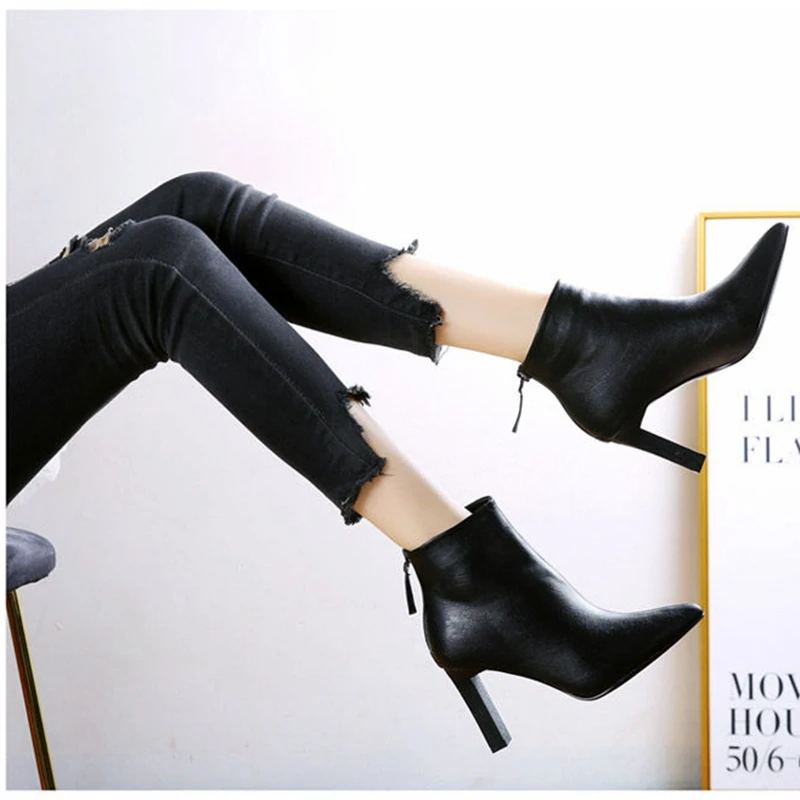 Women's High-heeled Short Boots 2020 Spring and Autumn New Black Stiletto Women's Boots Pointed Back Zipper Martin Boots
