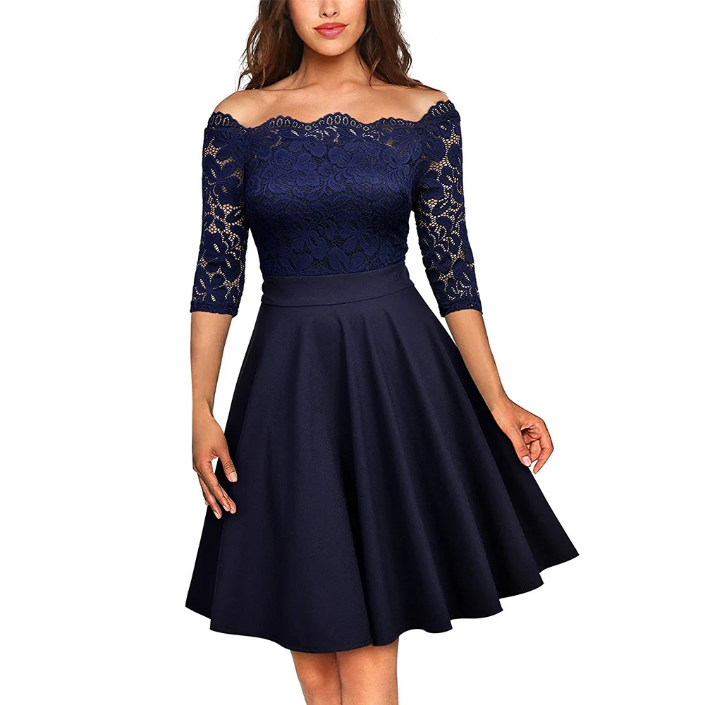

TMWEVN Retro Lace O-Collar Cocktail Women Dress 2020 with 3/4 Sleeve for Party