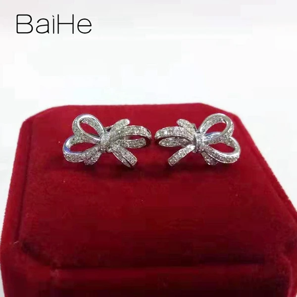 BAIHE Твердые 14 к желтое золото 0.32ct H/SI натуральные бриллианты свадебные женские модные ювелирные украшения красивый бант серьги-гвоздики с бриллиантами