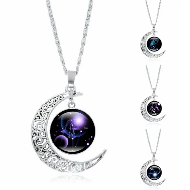 

ESHUO 12 Constellation Round Time Gemstone Stainless Steel Moon Pendant Lady Necklace Clavicle Chain Banquet Gift M090