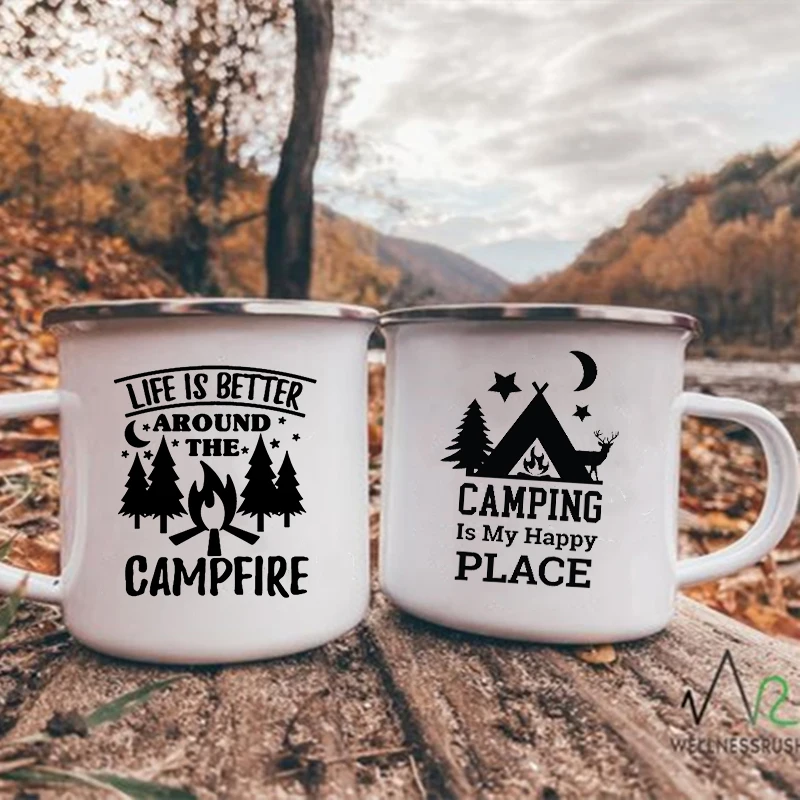 

Happy Camping Enamel Cups Coffee Wine Mugs Handle Drinkware Vacation Hiking Campfire Mug Outdoor Campervan Cup Camper Best Gifts