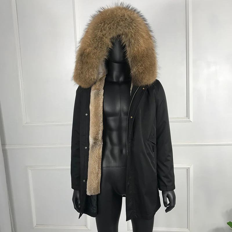 

100% Real Fur Parkas Coat Men Luxury Hooded Warm Real Rabbit Fur Lined Jackets High Quality