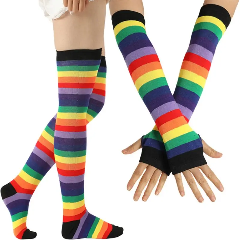 

Womens Rainbow Stripes Over Knee Thigh High Socks Arm Warmer Fingerless Gloves Set Fancy Dress Cosplay Masquerade Party Costume