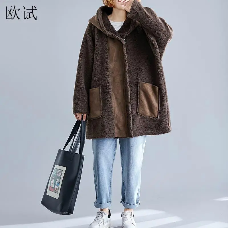

Oversized Faux Fur Winter Hooded Teddy Bear Coat Women Loose Vintage Fake Furry Leather Jacket Long Shaggy Cardigan Coats 2021