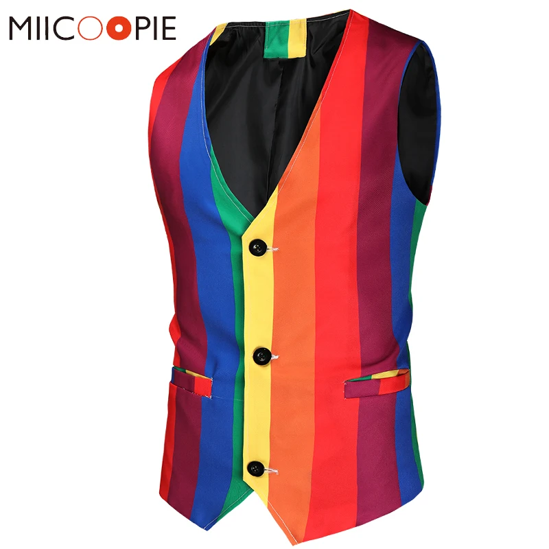 Mens Sleeveless Suit Vests Fashion Rainbow Striped Print Buttons Blazer Waistcoat Male Plus Size Formal Business Jacket Vest 4XL