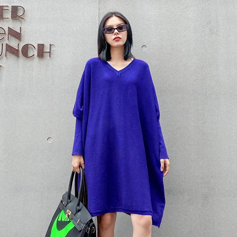 

Oshoplive, простой Однотонный свитер с V-образным вырезом и рукавами «летучая мышь», вязаное платье для женщин, осень 2021, новая свободная шерстян...