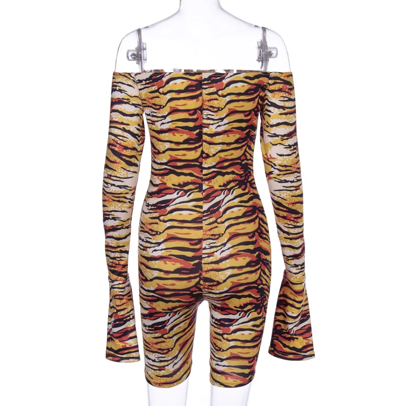 

Tiger Print Elegant Off Shoulder Women Playsuits Skinny Slit Long Flare Sleeve Rompers Fashion Sexy Slash Neck Bandage Playsuit