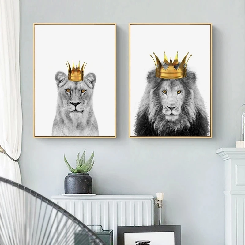 

Lion and Lioness with Crown Canvas Poster Grassland King Animal Wall Art Print Painting Nursery Wall Art Picture for Living Room