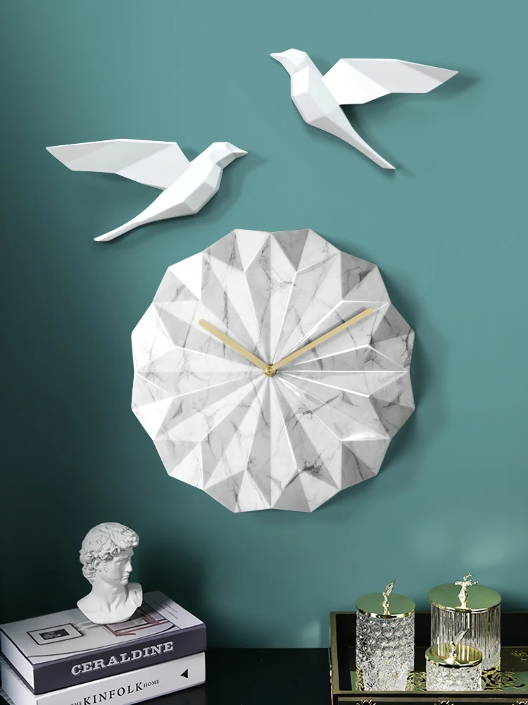 

[HHT] Nordic Marbling Geometric Wall Hanging Clock Ins Net Red Home Decoration Mute Clocks Living Room Butterfly Bird Wall-decor