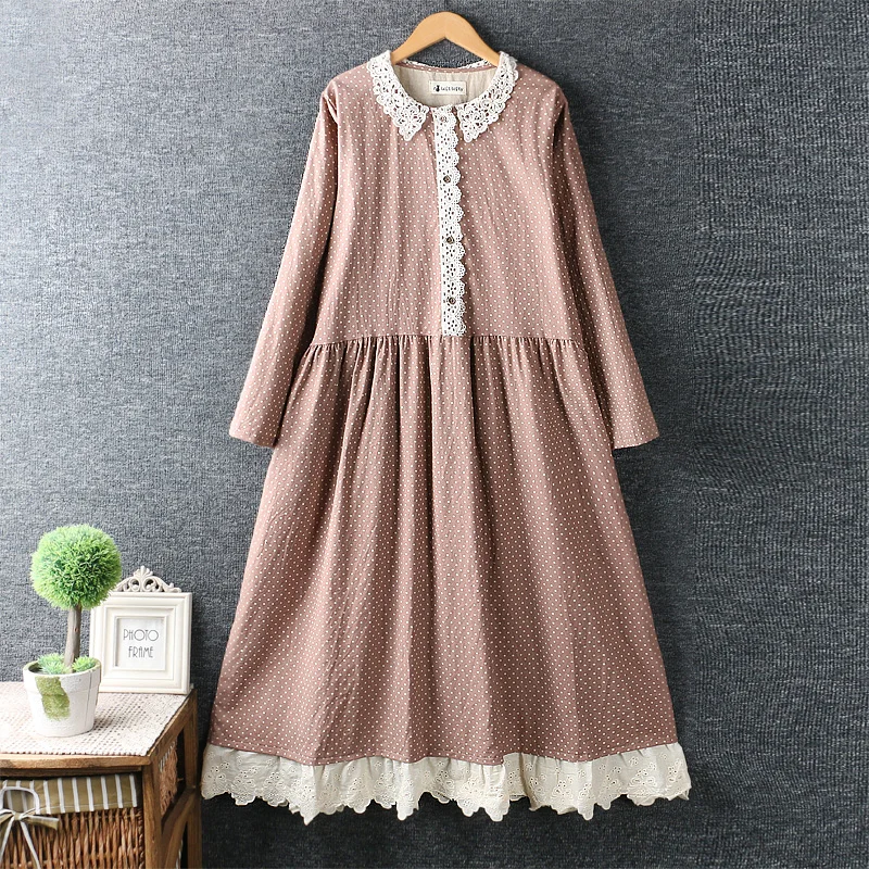 Новое весеннее женское платье из хлопка и льна свободное кружевное в горошек с