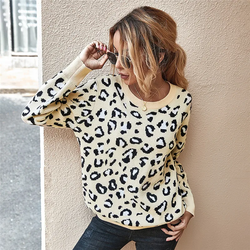 

Autumn winter Women's sweaters O-Neck Hollow out Loose knitted Jumpers long sleeve leopard sweater oversize ladies pullover tops