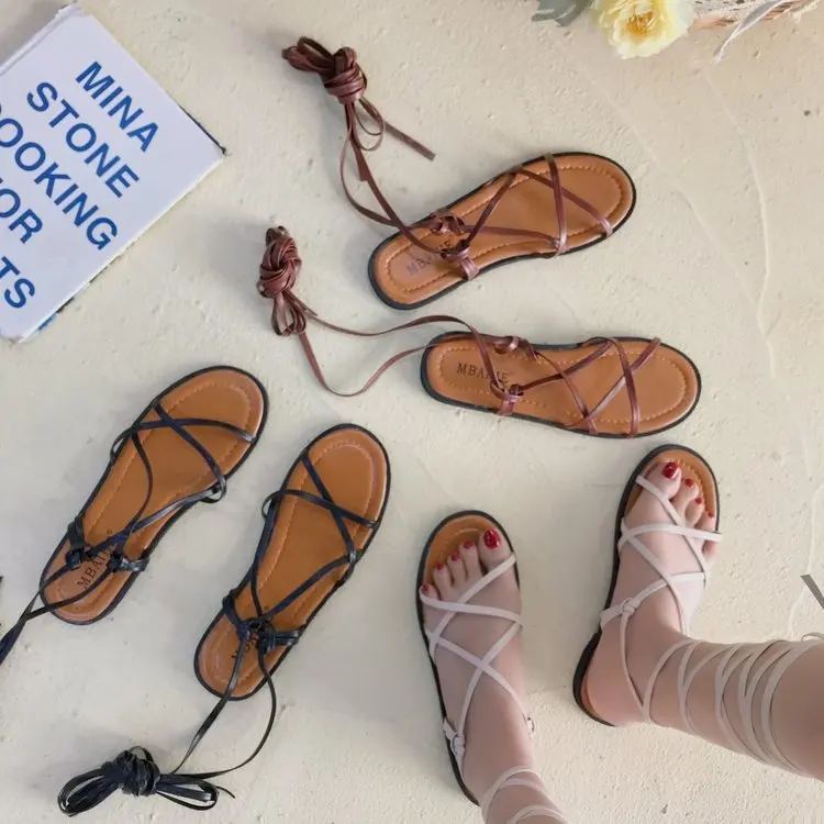 

Sandals Straps Female Shoe 2021 Summer Cross-Shoes All-Match Clear Heels Girls Flat Comfort New Beige Fashion Gladiator