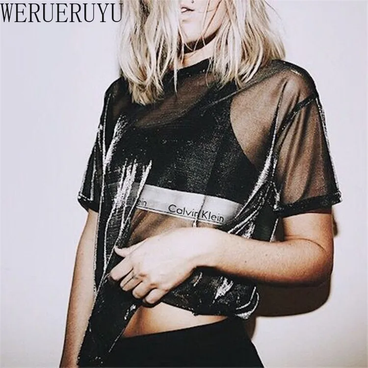 

Sexy Perspective Mesh Summer Black Top Women Tshirt Korean Clothes Roupas Feminina Womens Clothing Basic 2021 Fashion T Shirt