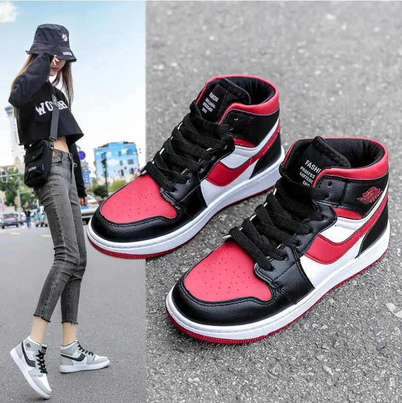 

2022 spring and summer leather female sports running shoes, pink breathable anti slip vulcanized leisure high top plate shoes