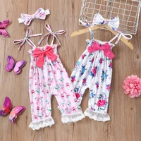 summer baby girl rompers 2 pcs lace bow flower print strap baby rompersheadband birthday party princess baby clothes 0 18m