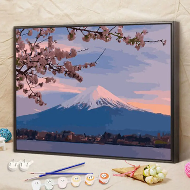 

Diy Digital Oil Painting Landscape Flowers Japan Mount Fuji Cherry Blossom Painting Living Room Decorative Oil Painting