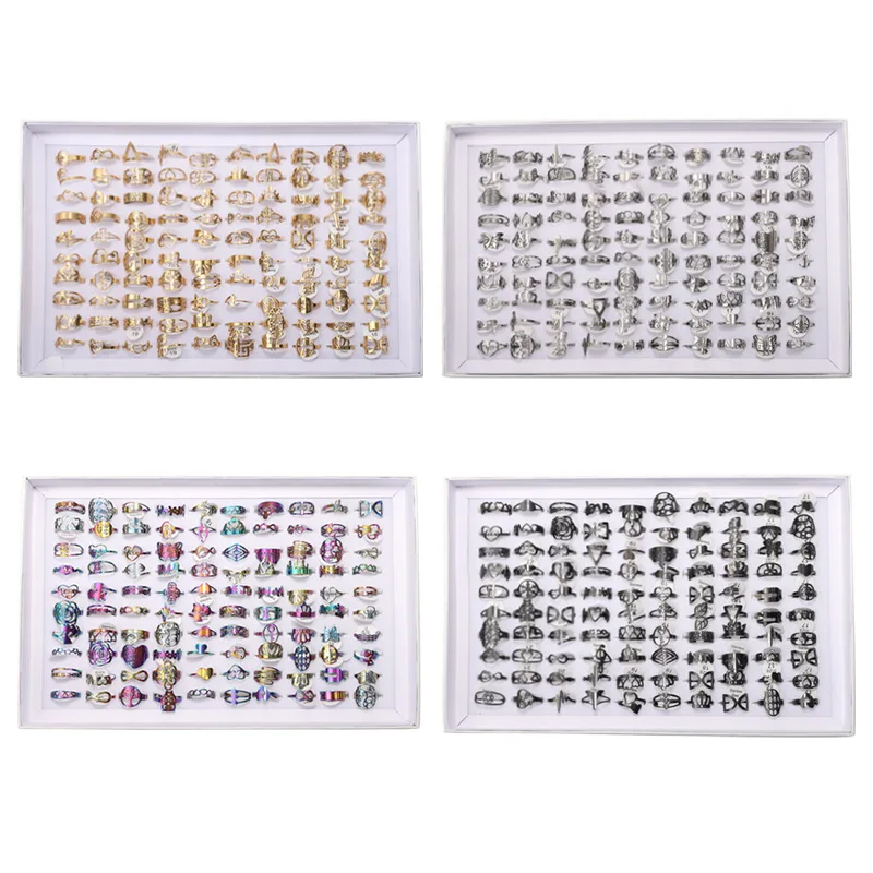 

MIXMAX 100PCs Stainless Steel Rings For Men Women Laser Cut Patterns Flower Ring Hollow Mixed Styles Wholesale Gifts 4 Colors