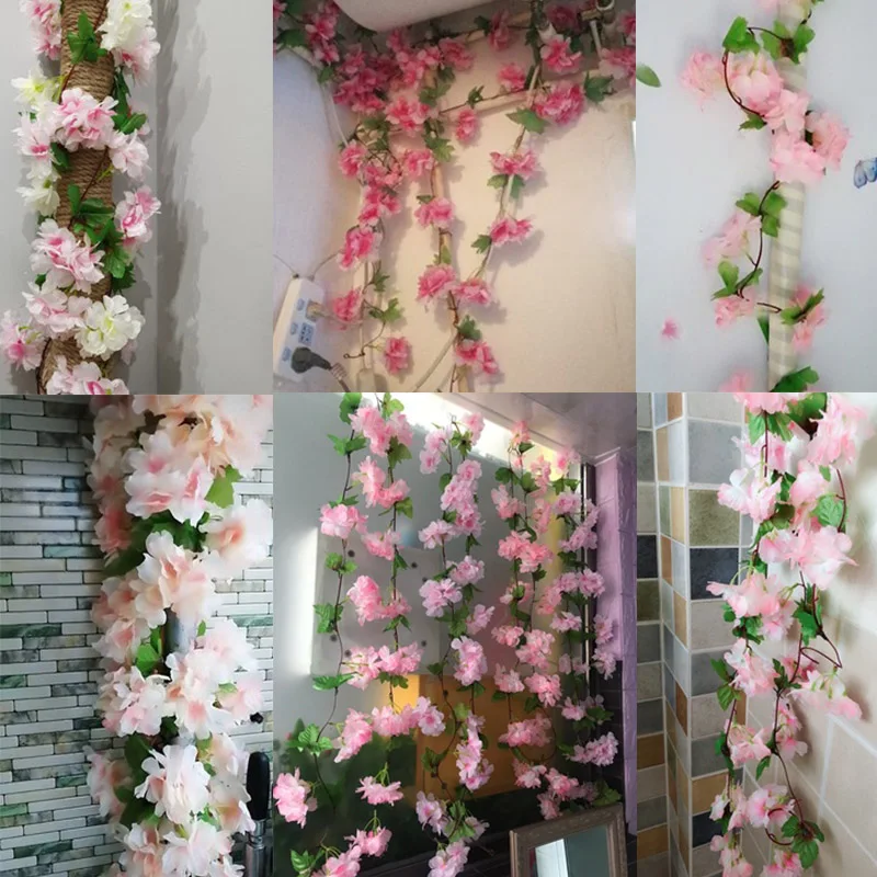 225cm Artificial Silk Flower Vine Pretty Pink Cherry Blossom Rattan Green Leaves String Garland for Wedding Home Decoration | Дом и сад