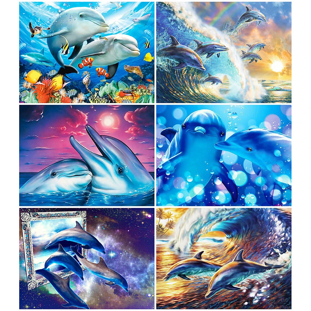 Роспись алмазами животных своими руками (квадратная/круглая форма) вышивка "Рыбы и дельфины" с камнями-ринестонами для осеннего украшения дома.