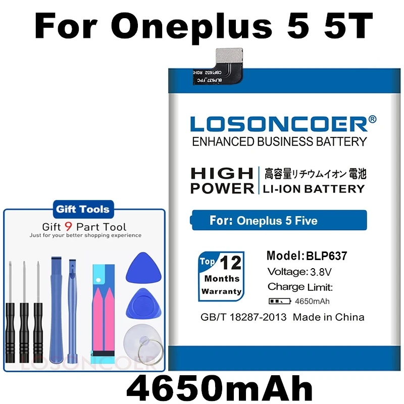 LOSONCOER 4650 мАч BLP637 батарея для Oneplus 5 5T A5001 A5010 One Plus 5 пять батарей мобильного телефона бесплатные инструменты держатель наклейки
