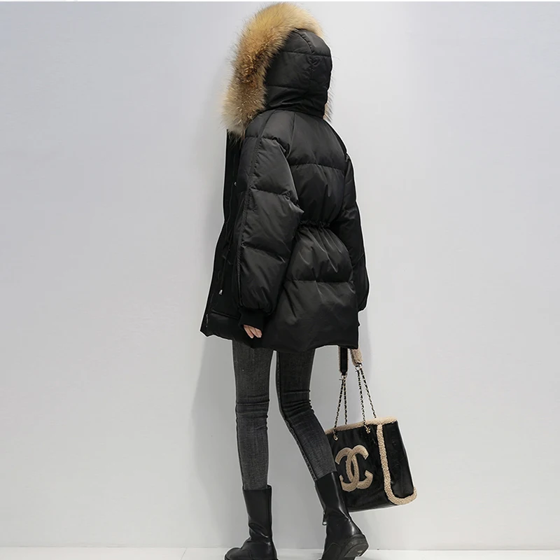 

Fitaylor New Winter Women 90% White Duck Down Coat Thick Warm Snow Outwear Large Real Fur Collar Hooded Solid Parka Jacket