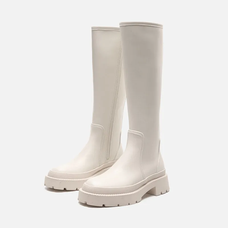 

Women High Boots 2021 New Winter Warm Chelsea Booties Female White Black Leather Knee High Boots Ladies Punk Platform Shoes