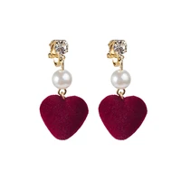 korean version of retro velvet burgundy love pearl earrings long temperament no pierced geometric peach heart diamond earrings
