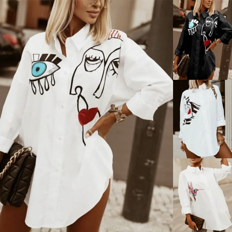 

Casual Long Sleeve Cartoon Print Shirt Blouse Women Button Early 2022 Spring Aesthetic Clothes Vintage Y2k Oversize Tshirt Femme