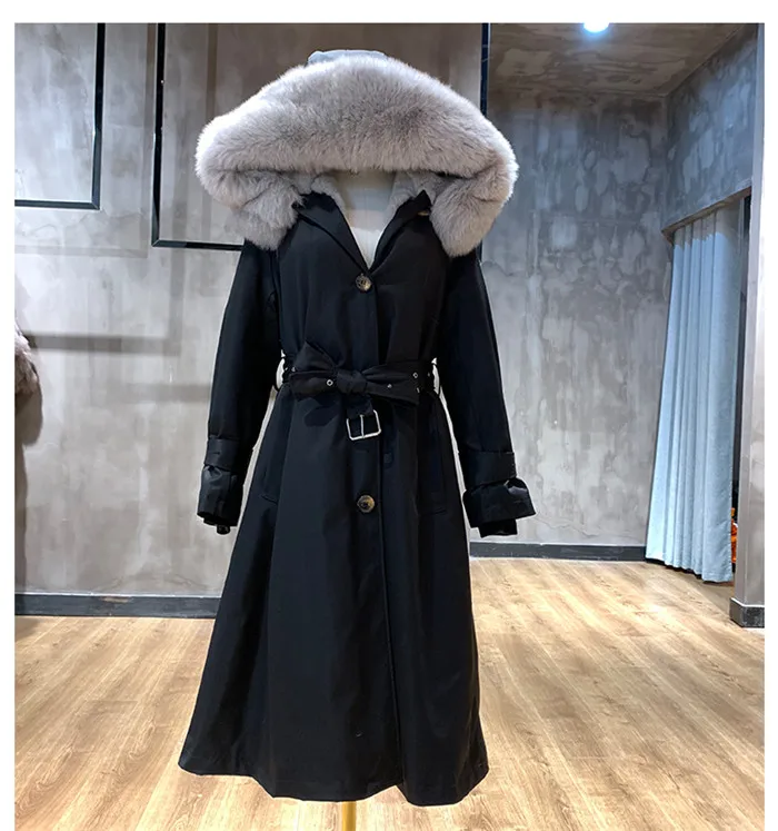 Женская зимняя большая парка с капюшоном из лисьего меха, Длинная зимняя женская куртка с натуральным мехом кролика Рекс, плотное Женское пальто большого размера - Цвет: black with grey