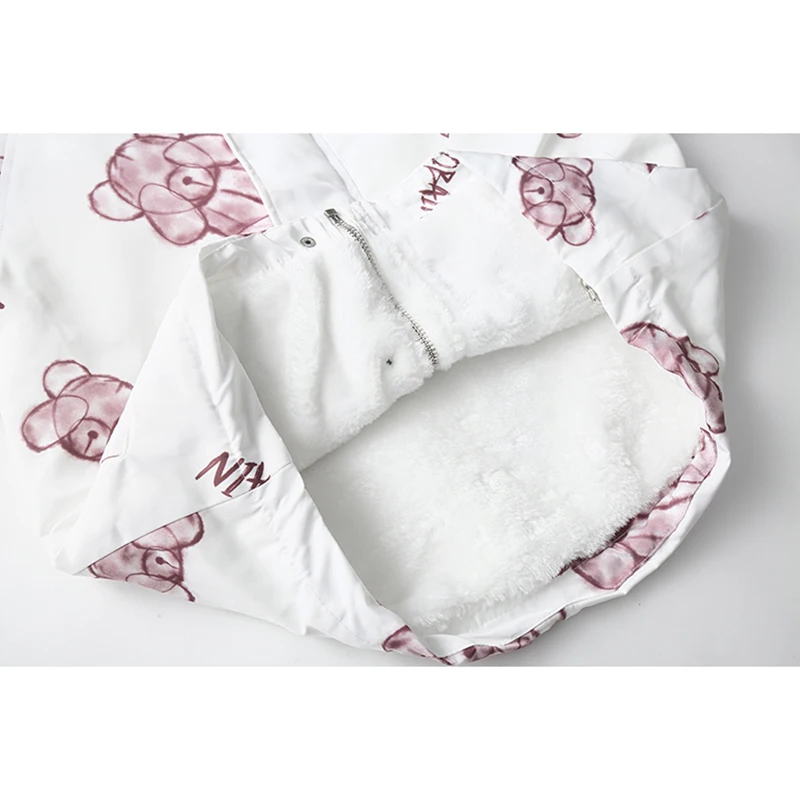 Парка с меховым воротником толстая рисунок милым медведем Harajuku уличная Мужская