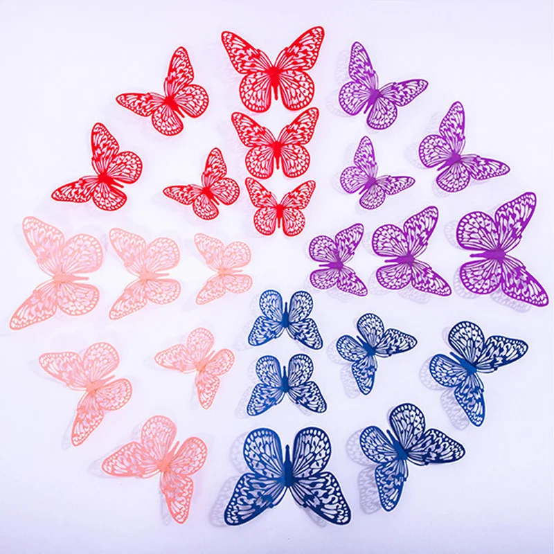 Фото 12 шт./компл. красные синие розовые 3D полые наклейки на стену с бабочками для