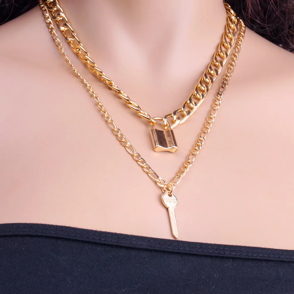 1 комплект Gothtic с золотистым замочком, цепочка, колье для женщин, для мужчин, есть большие цепи открываемые замок ожерелье с подвеской в виде ключа преувеличенный, ювелирное изделие, подарок