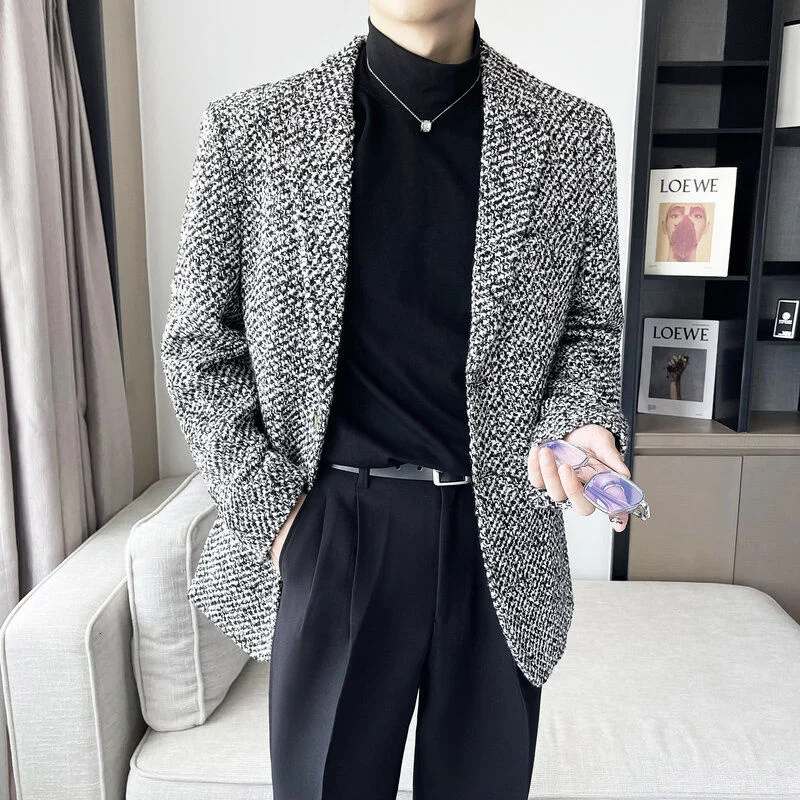 Серый твидовый блейзер для мужчин мужской повседневный приталенный Блейзер Hombre